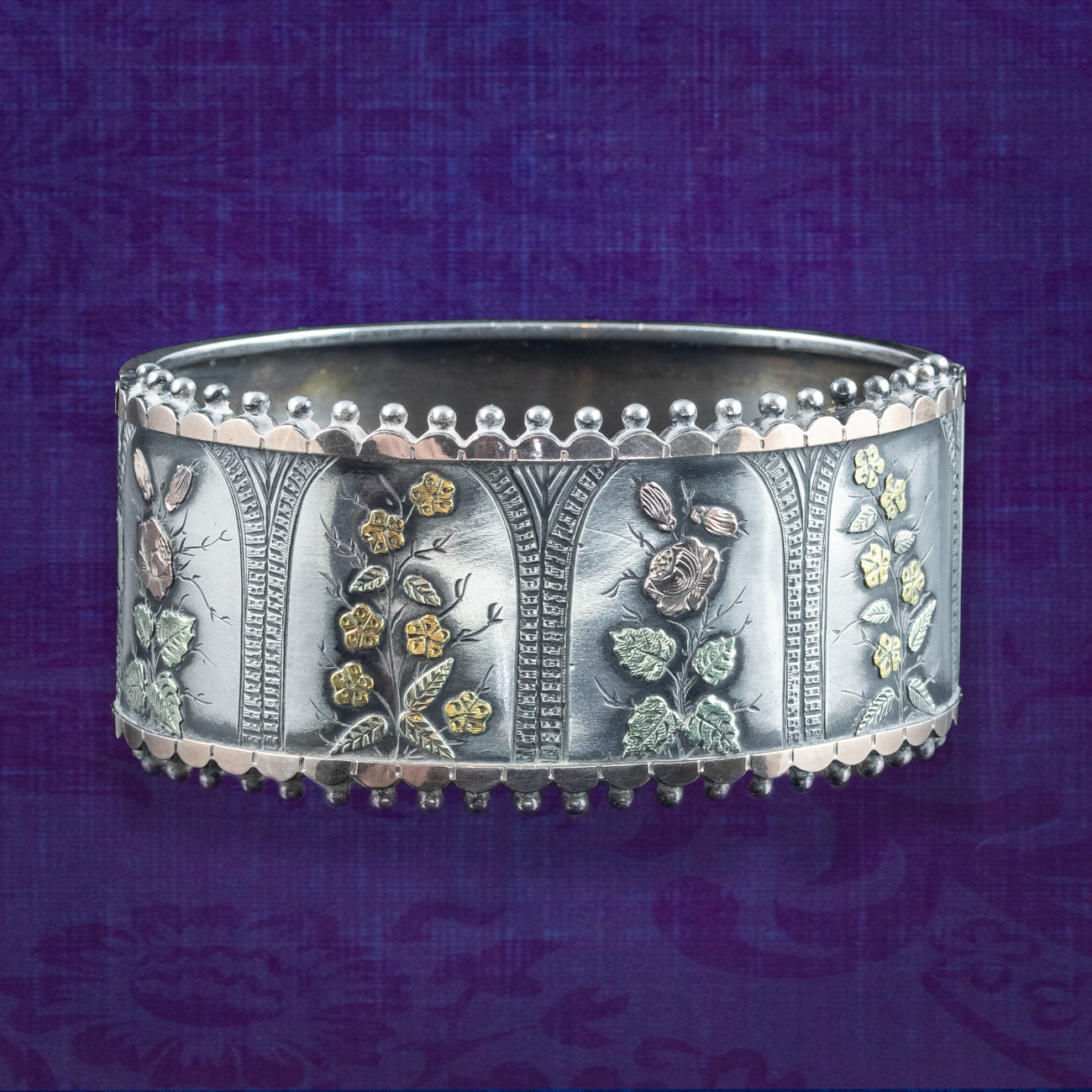 Antique Victorian Floral Cuff Bangle Silver Gold