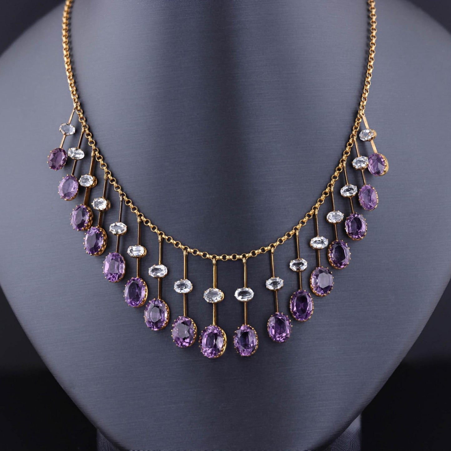 Antique Amethyst and Aquamarine Fringe Necklace of 14k Gold
