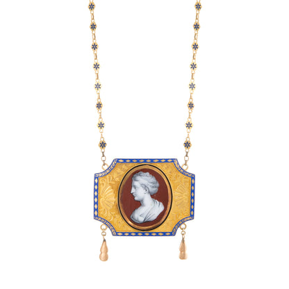 Antique Mid Victorian Necklace Enamel Cameo Portrait 14k Yellow Gold 16 Flower