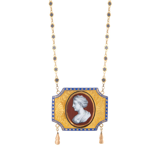 Antique Mid Victorian Necklace Enamel Cameo Portrait 14k Yellow Gold 16 Flower