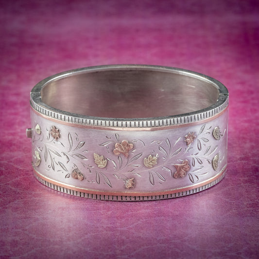 Antique Victorian Floral Cuff Bangle Silver Gold Circa 1890