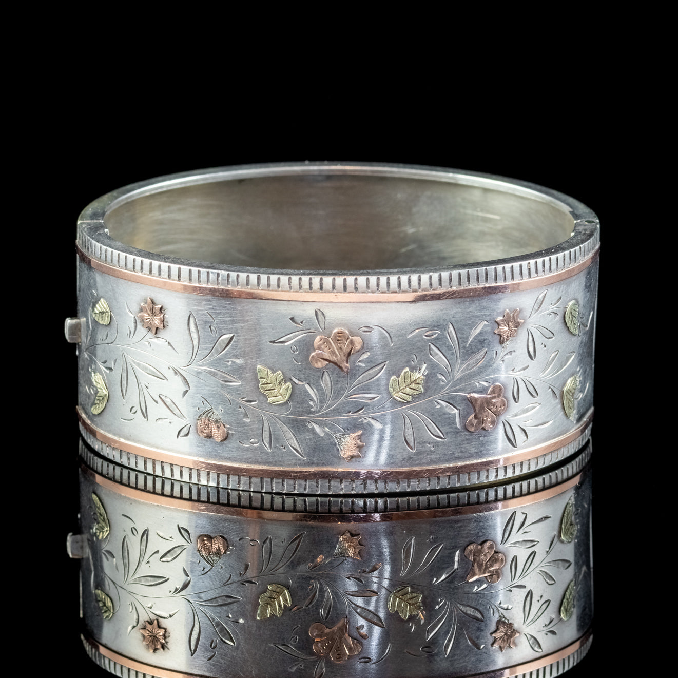 Antique Victorian Floral Cuff Bangle Silver Gold Circa 1890