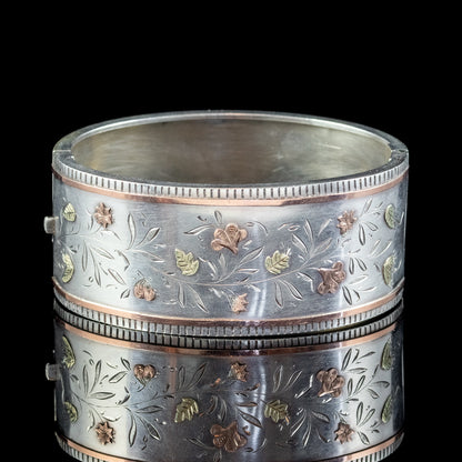 Antique Victorian Floral Cuff Bangle Silver Gold Circa 1890