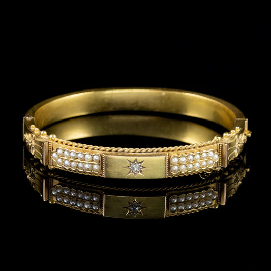 Antique Victorian Diamond Pearl Bangle 15Ct Gold Dated 1900