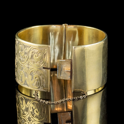 Antique Victorian Engraved Cuff Bangle Silver Gold Gilt Circa 1880