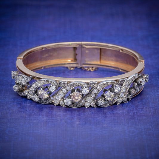 Antique Victorian French Diamond Bangle 18Ct Gold 5Ct Of Diamond Boxed