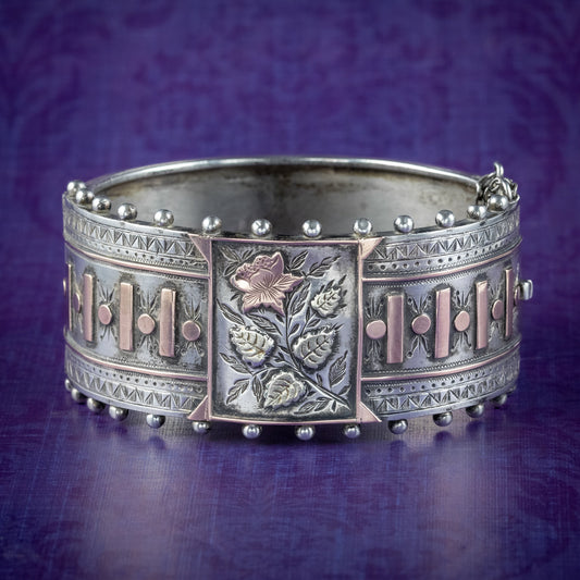Antique Victorian Floral Cuff Bangle Silver Gold