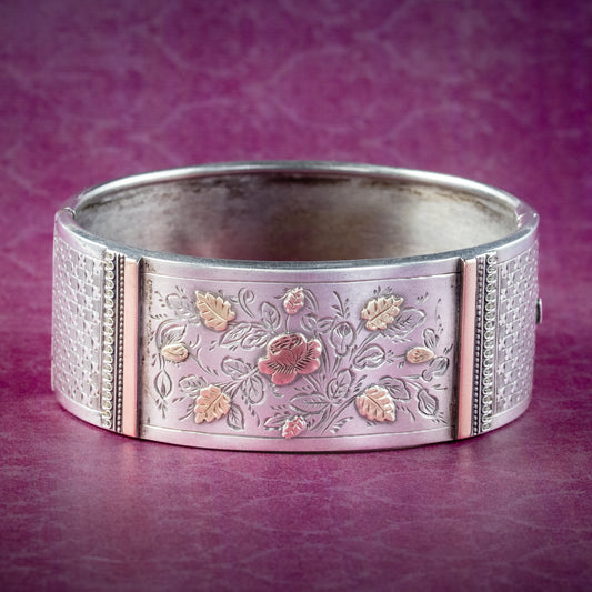 Antique Victorian Floral Cuff Bangle Silver Gold