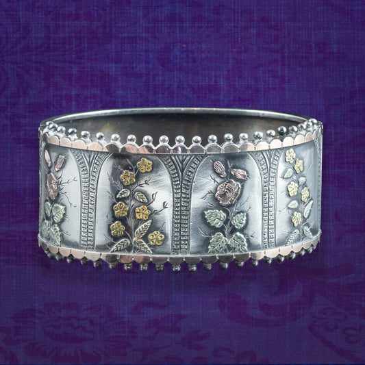 Antique Victorian Floral Cuff Bangle Silver Gold