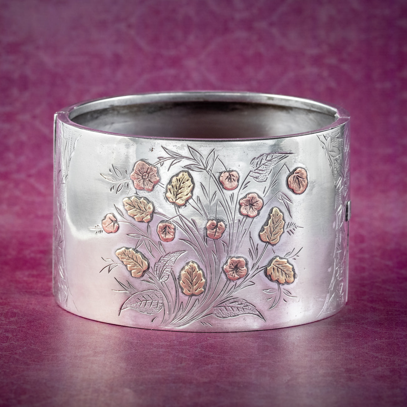 Antique Victorian Floral Cuff Bangle Silver Gold