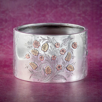 Antique Victorian Floral Cuff Bangle Silver Gold