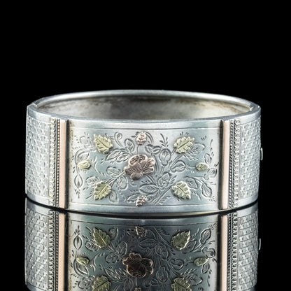 Antique Victorian Floral Cuff Bangle Silver Gold