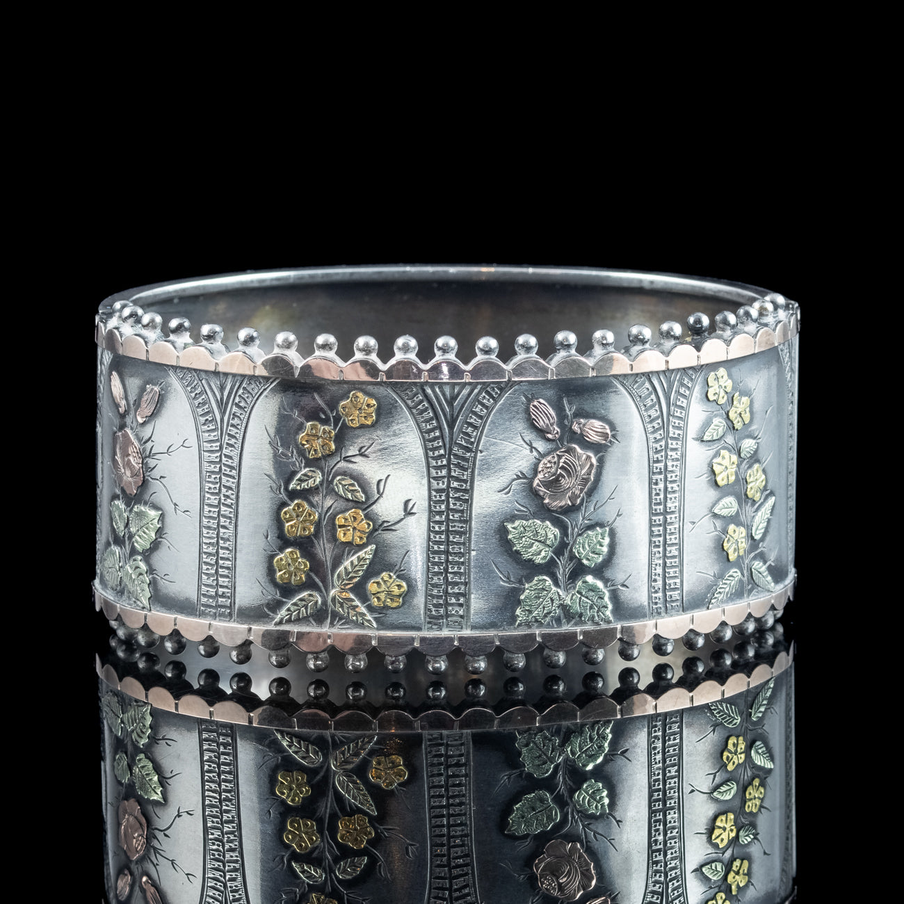 Antique Victorian Floral Cuff Bangle Silver Gold