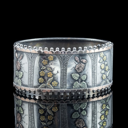 Antique Victorian Floral Cuff Bangle Silver Gold