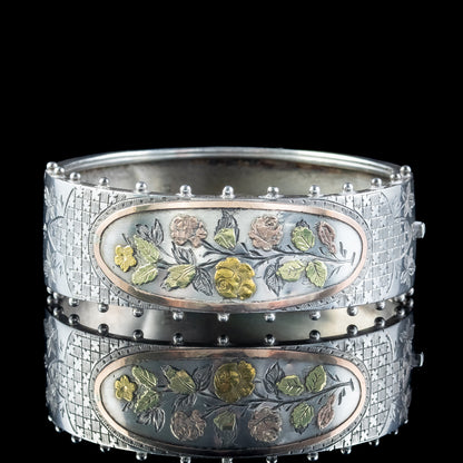 Antique Victorian Floral Cuff Bangle Sterling Silver Dated 1876