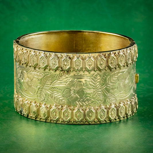 Antique Victorian Forget Me Not Cuff Bangle Silver 18ct Gold Gilt Dated 1883