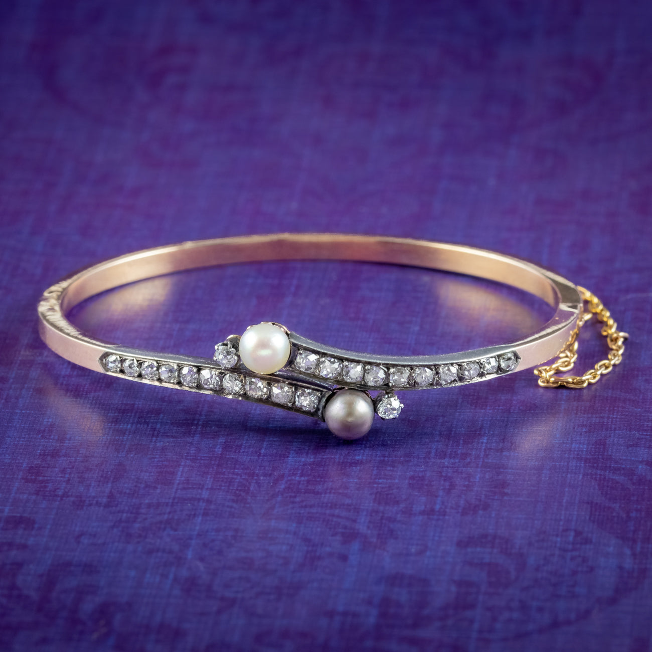 Antique Victorian French Diamond Pearl Toi Et Moi Twist Bangle 18ct Gold