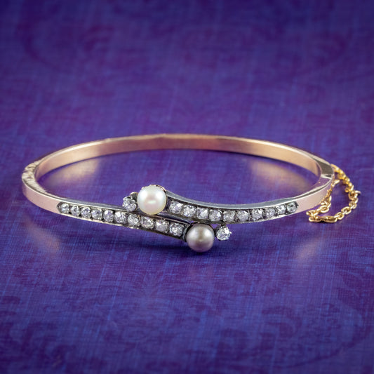Antique Victorian French Diamond Pearl Toi Et Moi Twist Bangle 18ct Gold