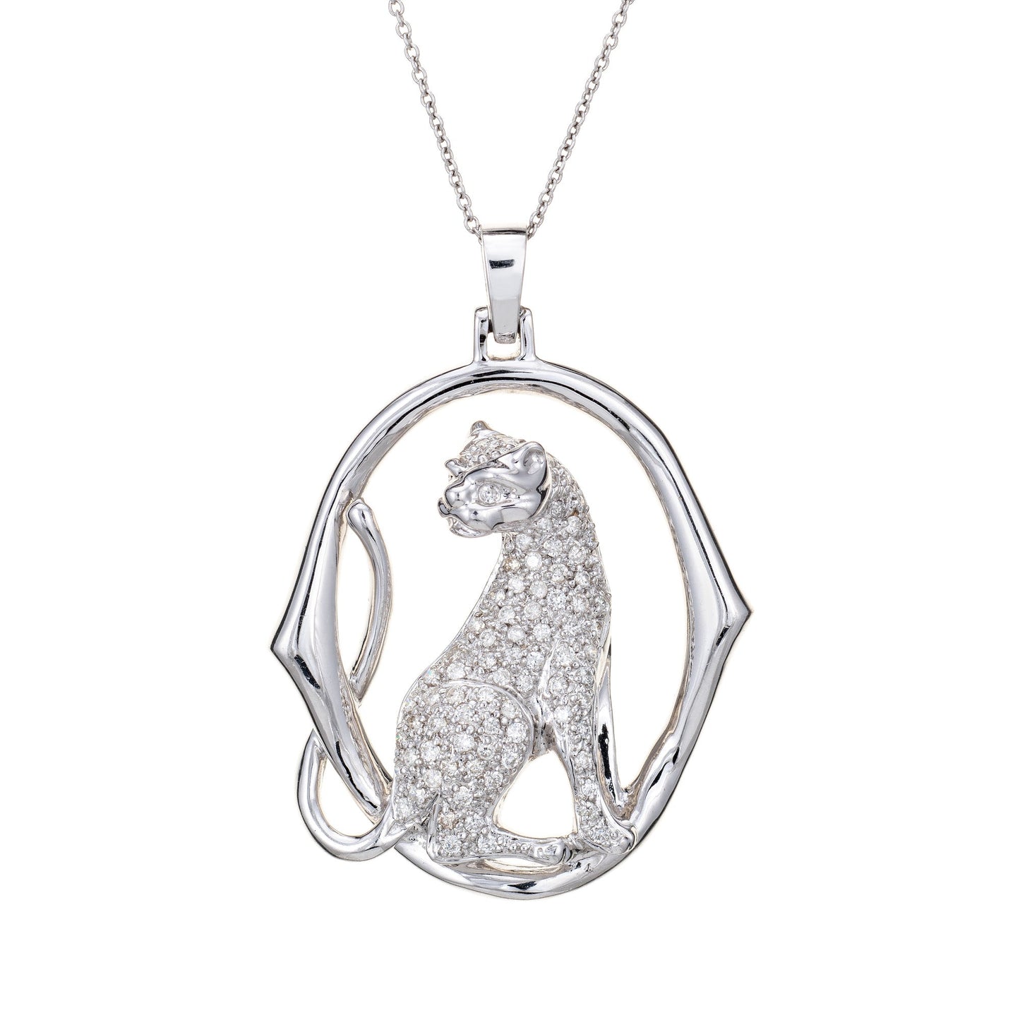 Diamond Cougar Necklace Vintage 18k White Gold Estate Fine Animal Jewelry