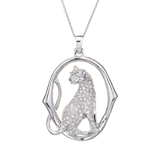 Diamond Cougar Necklace Vintage 18k White Gold Estate Fine Animal Jewelry