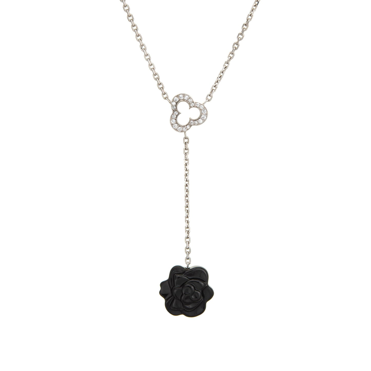 Chanel Camelia Sculpte Pendant Necklace 18k White Gold Diamond Onyx Estate