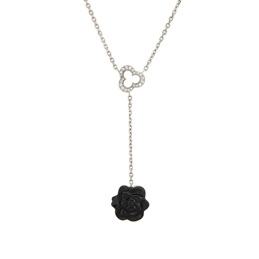 Chanel Camelia Sculpte Pendant Necklace 18k White Gold Diamond Onyx Estate
