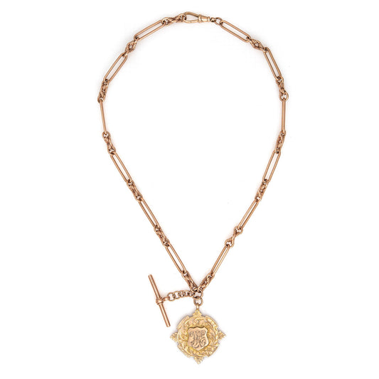 Antique Victorian Paperclip Necklace 9k Rose Gold 18.5 Watch Chain Medallion
