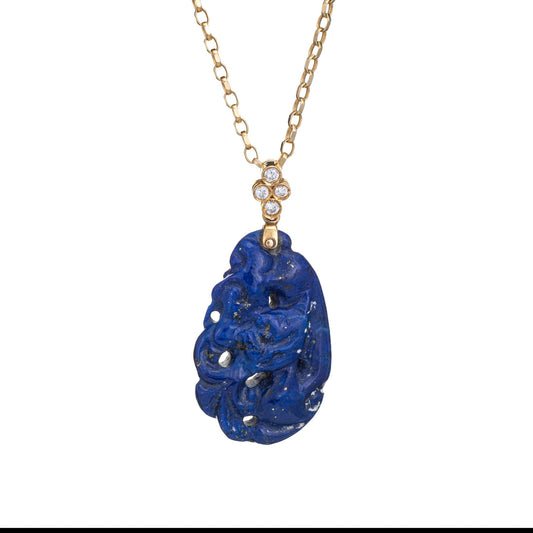 Carved Lapis Lazuli Necklace Diamond Vintage 14k Yellow Gold Estate Fine Jewelry