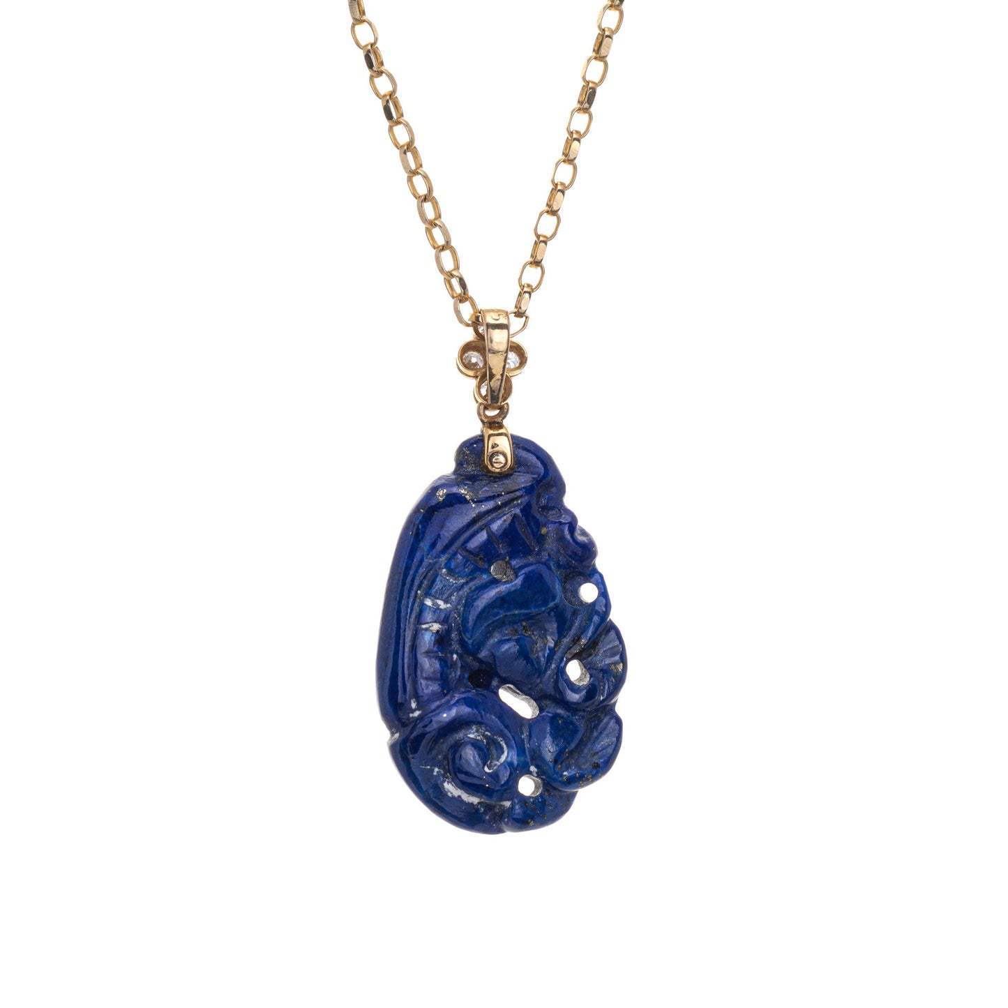 Carved Lapis Lazuli Necklace Diamond Vintage 14k Yellow Gold Estate Fine Jewelry
