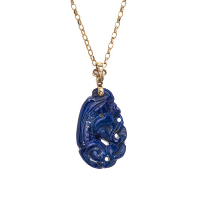 Carved Lapis Lazuli Necklace Diamond Vintage 14k Yellow Gold Estate Fine Jewelry