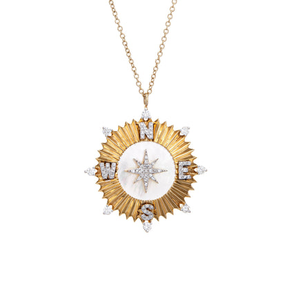 Diamond Compass Necklace Estate 14k Yellow Gold White Enamel Star Travel