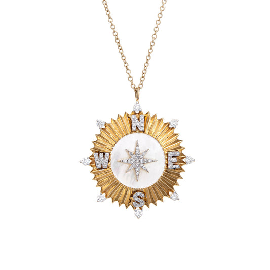 Diamond Compass Necklace Estate 14k Yellow Gold White Enamel Star Travel