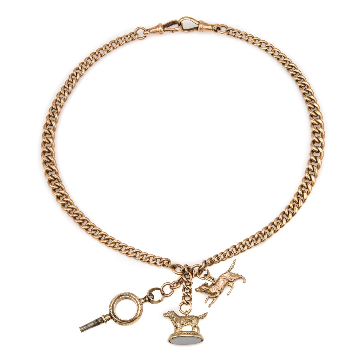 Antique Victorian Curb Link Necklace Chain Dog Charms 9k Gold 16.5 Watch Key