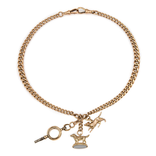 Antique Victorian Curb Link Necklace Chain Dog Charms 9k Gold 16.5 Watch Key
