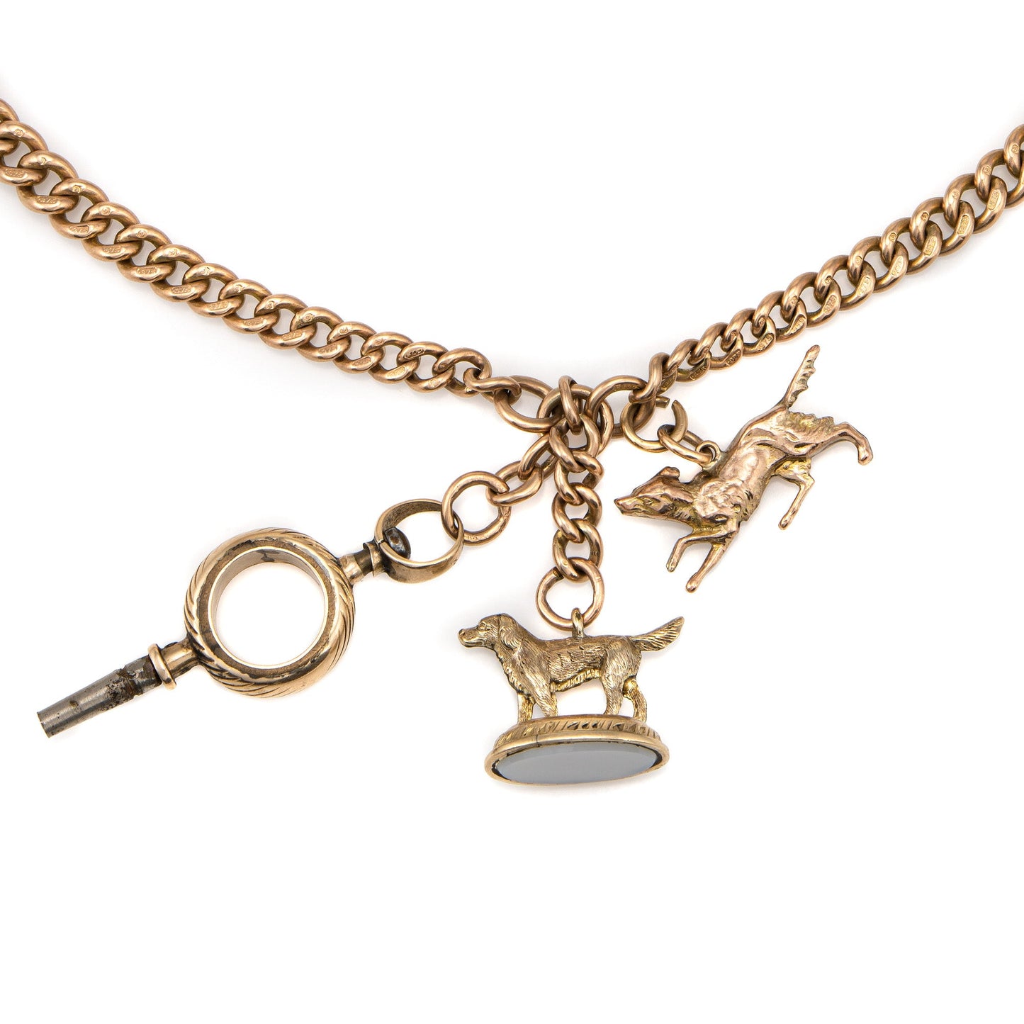Antique Victorian Curb Link Necklace Chain Dog Charms 9k Gold 16.5 Watch Key