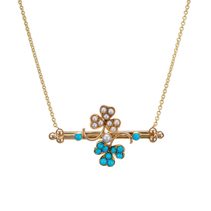 Antique Victorian Shamrock Necklace Conversion Turquoise Pearl 14k Yellow Gold