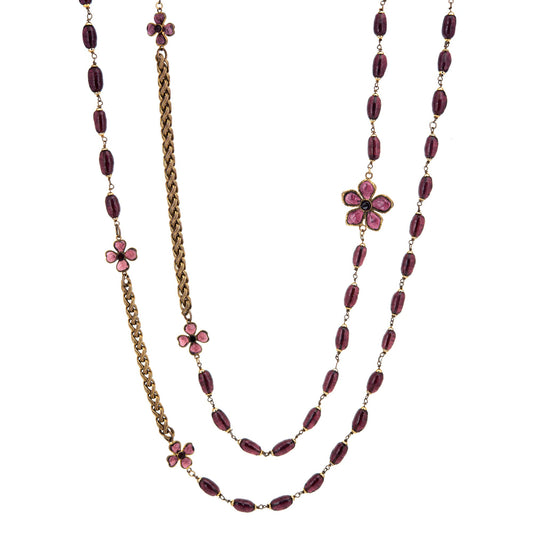 c1981 Ultra Long 105 Vintage Chanel Flower Necklace Purple Glass Beads