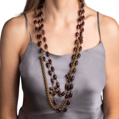 c1981 Ultra Long 105 Vintage Chanel Flower Necklace Purple Glass Beads
