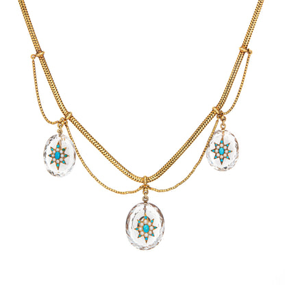 Antique Victorian Rock Crystal Necklace Howell James Co 14k Gold Turquoise Case