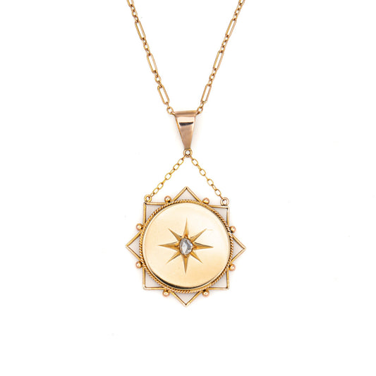 Antique Victorian Diamond Star Pendant Necklace 18k Gold Celestial Jewelry