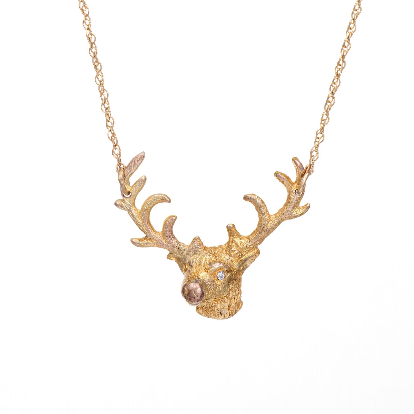 Deer Antler Bust Necklace Vintage 14k Gold Diamond 19 Chain Animal Jewelry