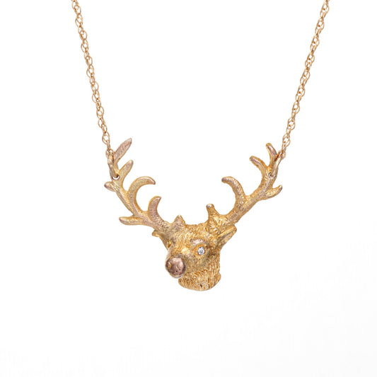 Deer Antler Bust Necklace Vintage 14k Gold Diamond 19 Chain Animal Jewelry