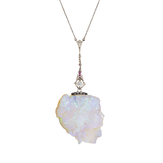 Antique Edwardian Carved Opal Cameo Necklace Platinum Diamond 15 Choker