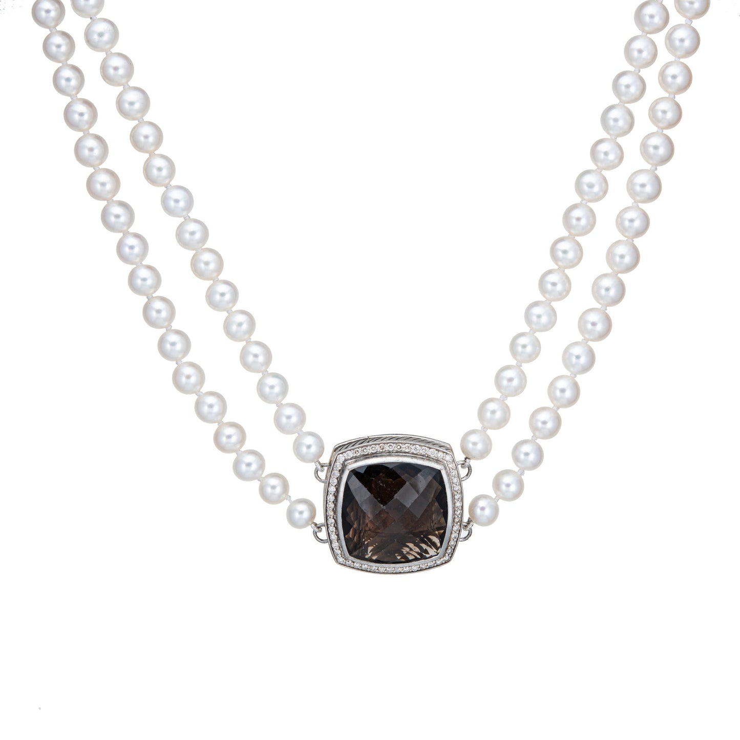 David Yurman Double Strand Pearl Necklace Albion Diamond Quartz Clasp 19