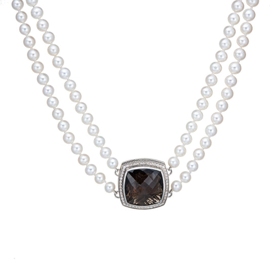 David Yurman Double Strand Pearl Necklace Albion Diamond Quartz Clasp 19