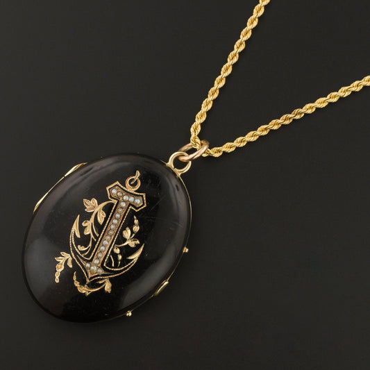 Antique Anchor Locket | Antique Black Enamel Locket