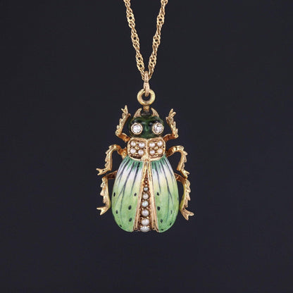 Antique Beetle Pendant | 14k Gold & Enamel Pendant on Optional 14k Chain