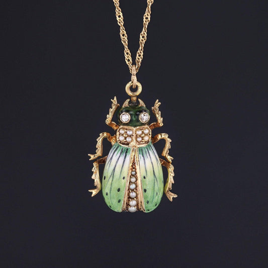 Antique Beetle Pendant | 14k Gold & Enamel Pendant on Optional 14k Chain