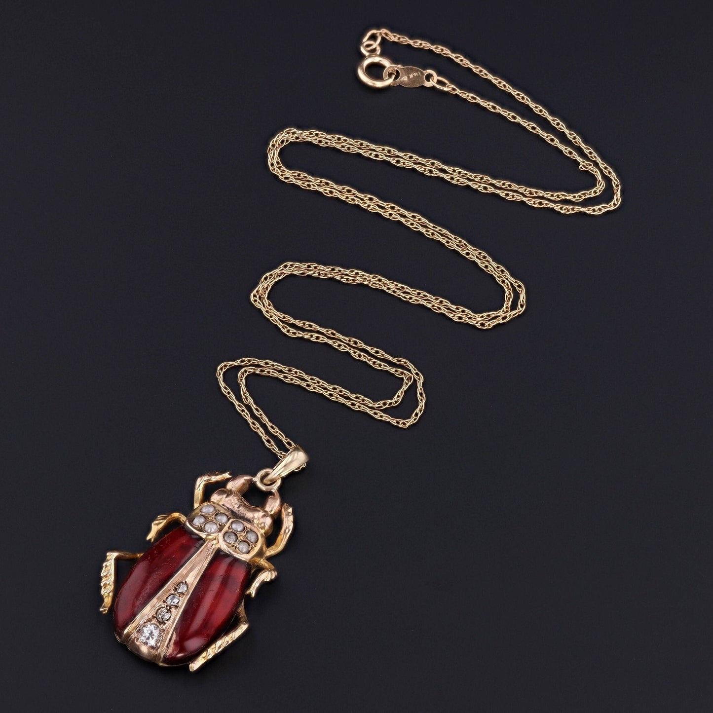 Antique Beetle Pendant | 10k Gold & Enamel Pendant on Optional 14k Chain