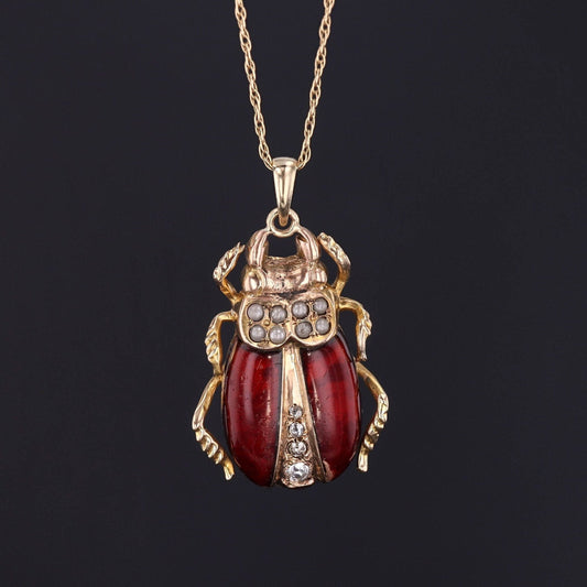 Antique Beetle Pendant | 10k Gold & Enamel Pendant on Optional 14k Chain